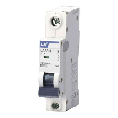 An LS brand LA63H C16 miniature circuit breaker (MCB) with a white plastic housing, blue and gray details, and a 16A rating, shown on a plain white background.