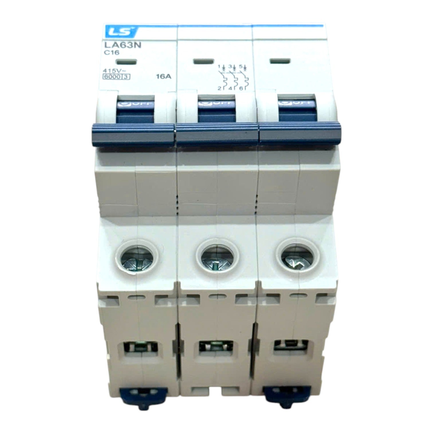 A three-phase 16A modular circuit breaker from the brand LS, featuring a white plastic housing with blue accents on the top handles and bottom terminal covers, shown against a plain white background.