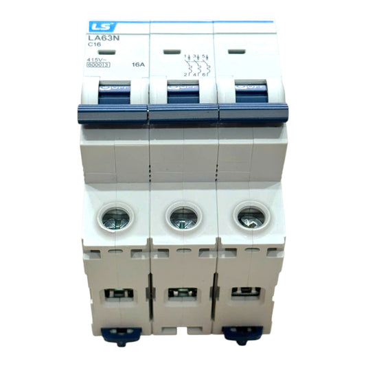 A three-phase 16A modular circuit breaker from the brand LS, featuring a white plastic housing with blue accents on the top handles and bottom terminal covers, shown against a plain white background.