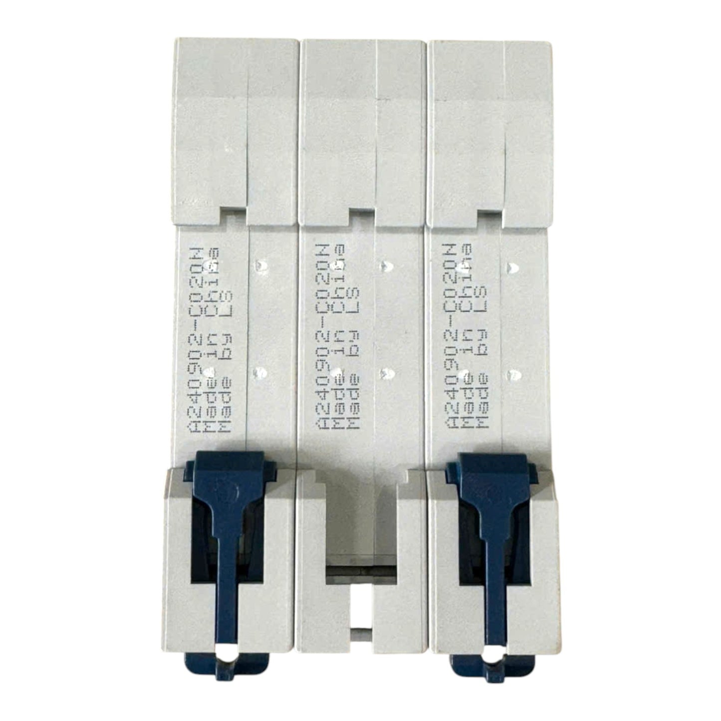 Three modular electrical contact blocks with a light gray plastic body and dark blue terminal covers, shown on a plain white background.