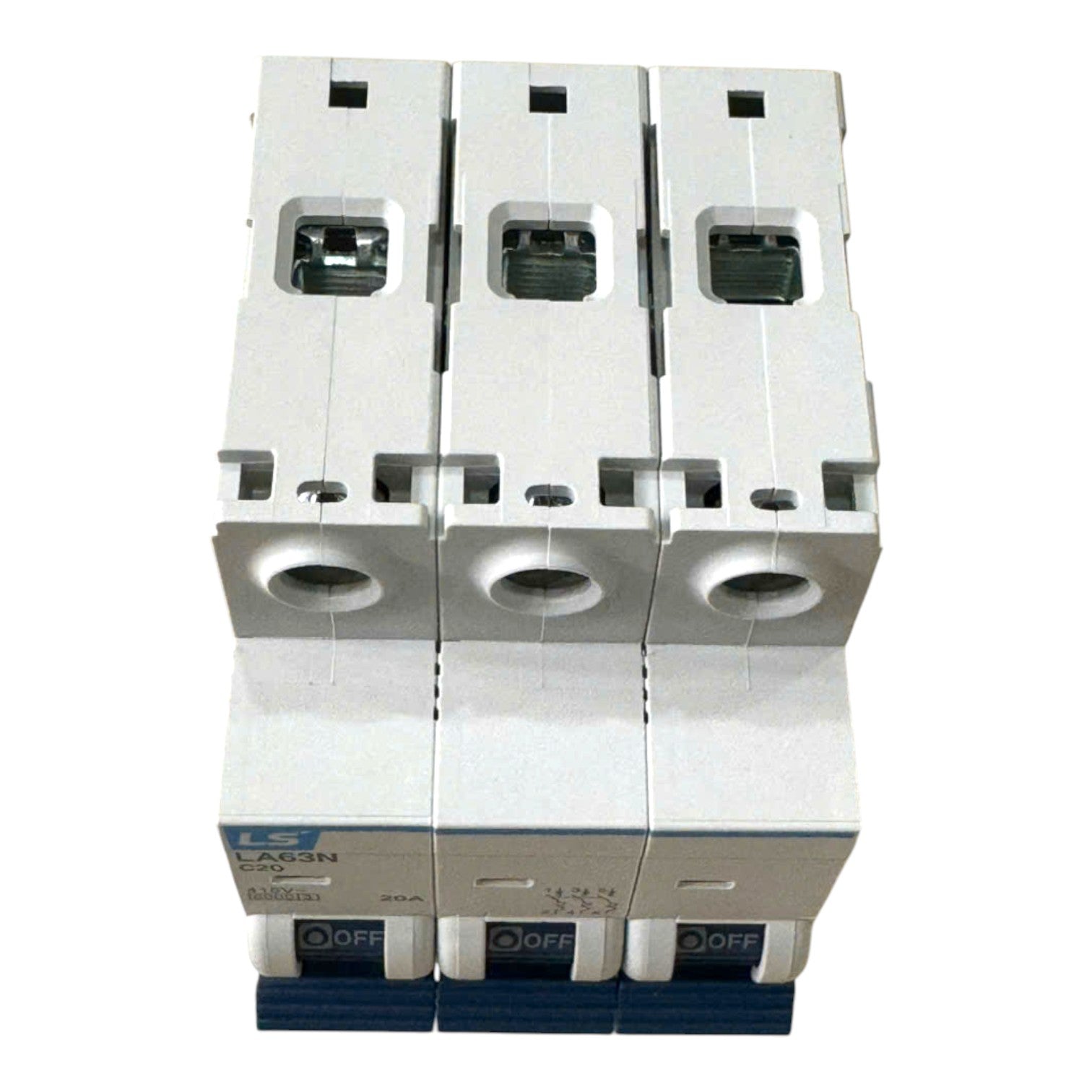 Three modular circuit breakers stacked vertically, featuring white plastic housings with blue lower switches and dark green terminal windows, shown against a plain white background.