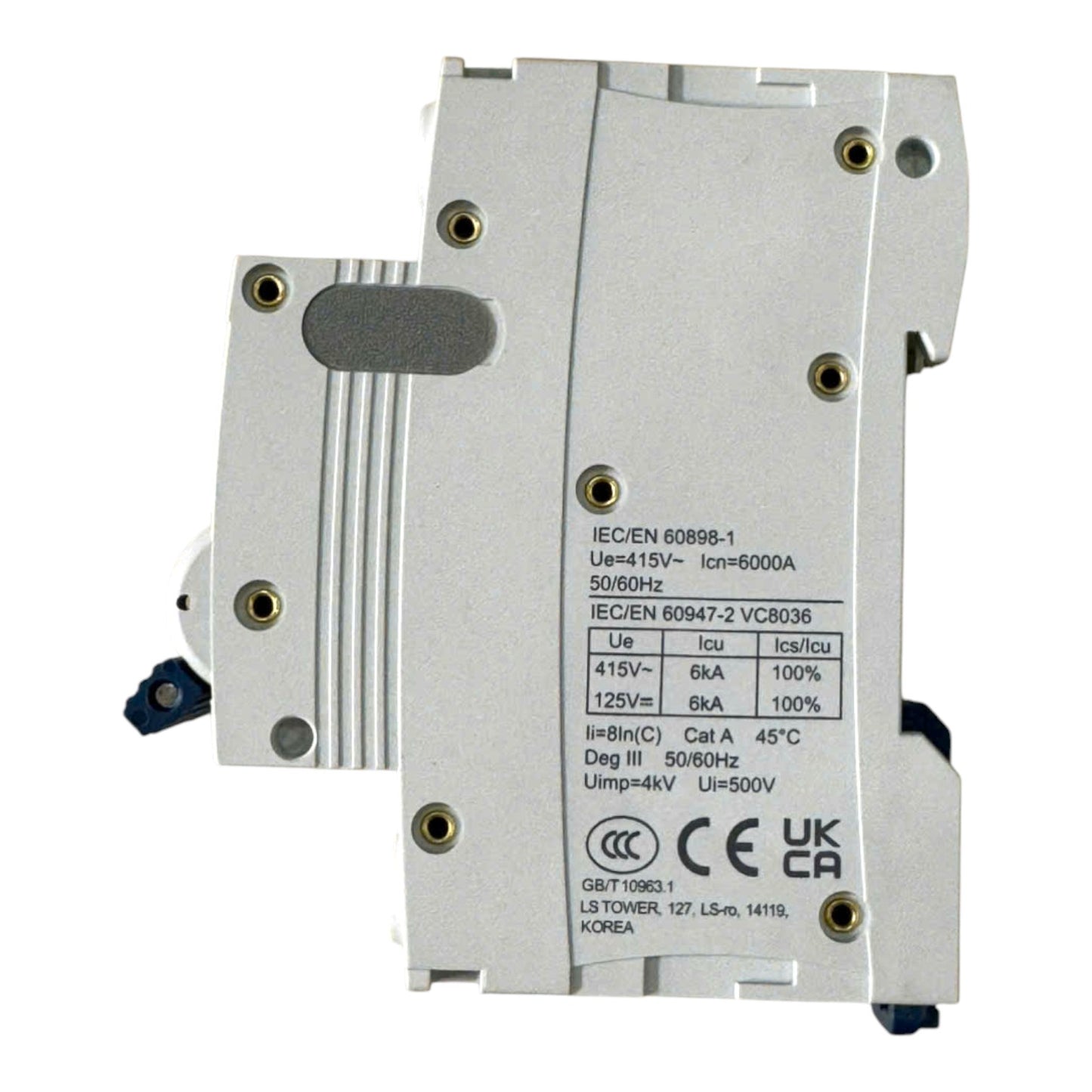 A silver metal industrial electrical component with printed technical specifications and certification marks, photographed on a plain white background.