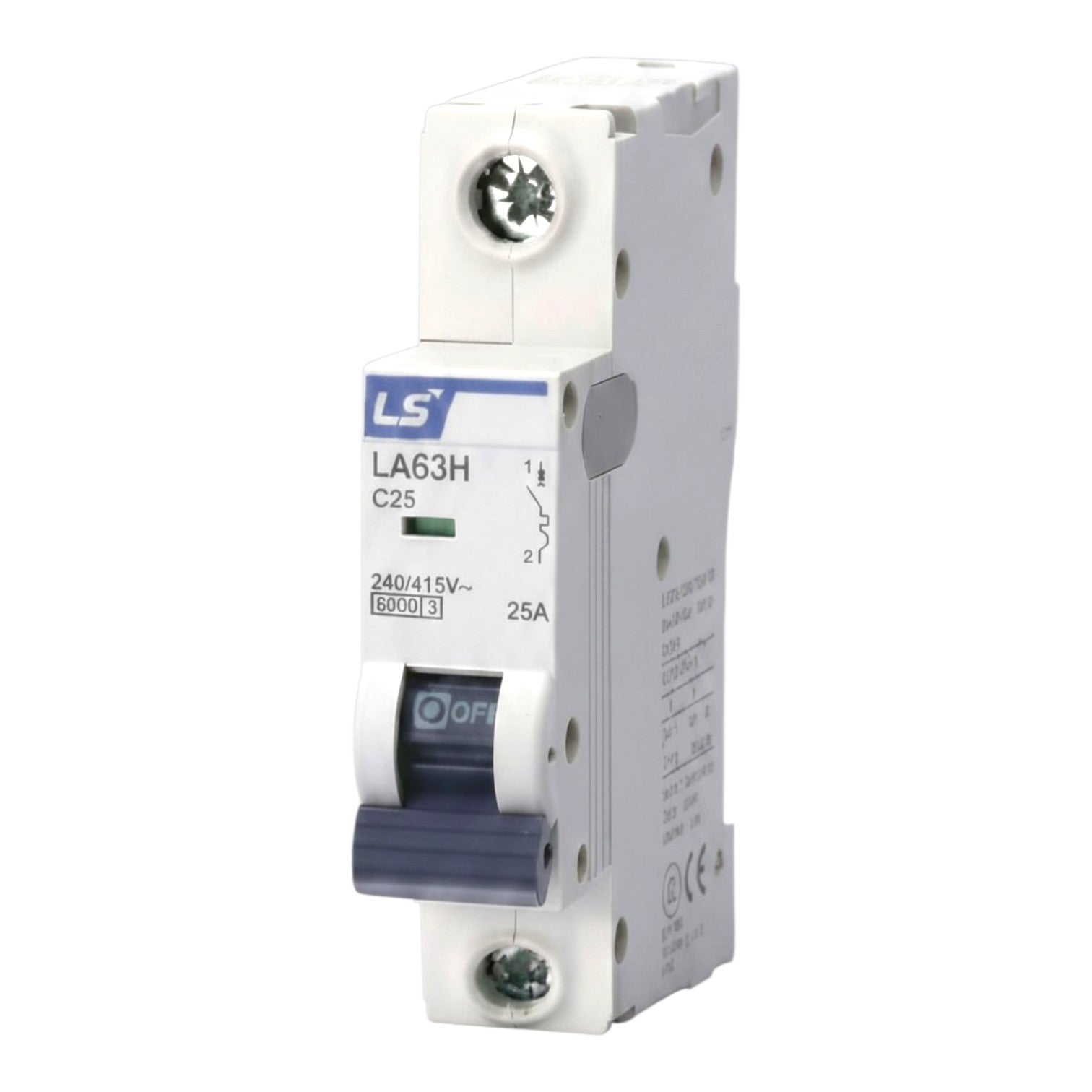A white plastic miniature circuit breaker (MCB) with a blue and gray handle, featuring the brand logo 'LS' and model 'LA63H C25' printed on the front, set against a plain white background.