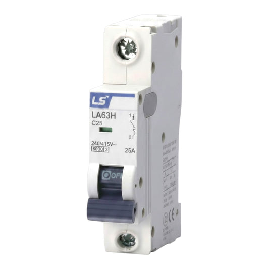 A white plastic miniature circuit breaker (MCB) with a blue and gray handle, featuring the brand logo 'LS' and model 'LA63H C25' printed on the front, set against a plain white background.