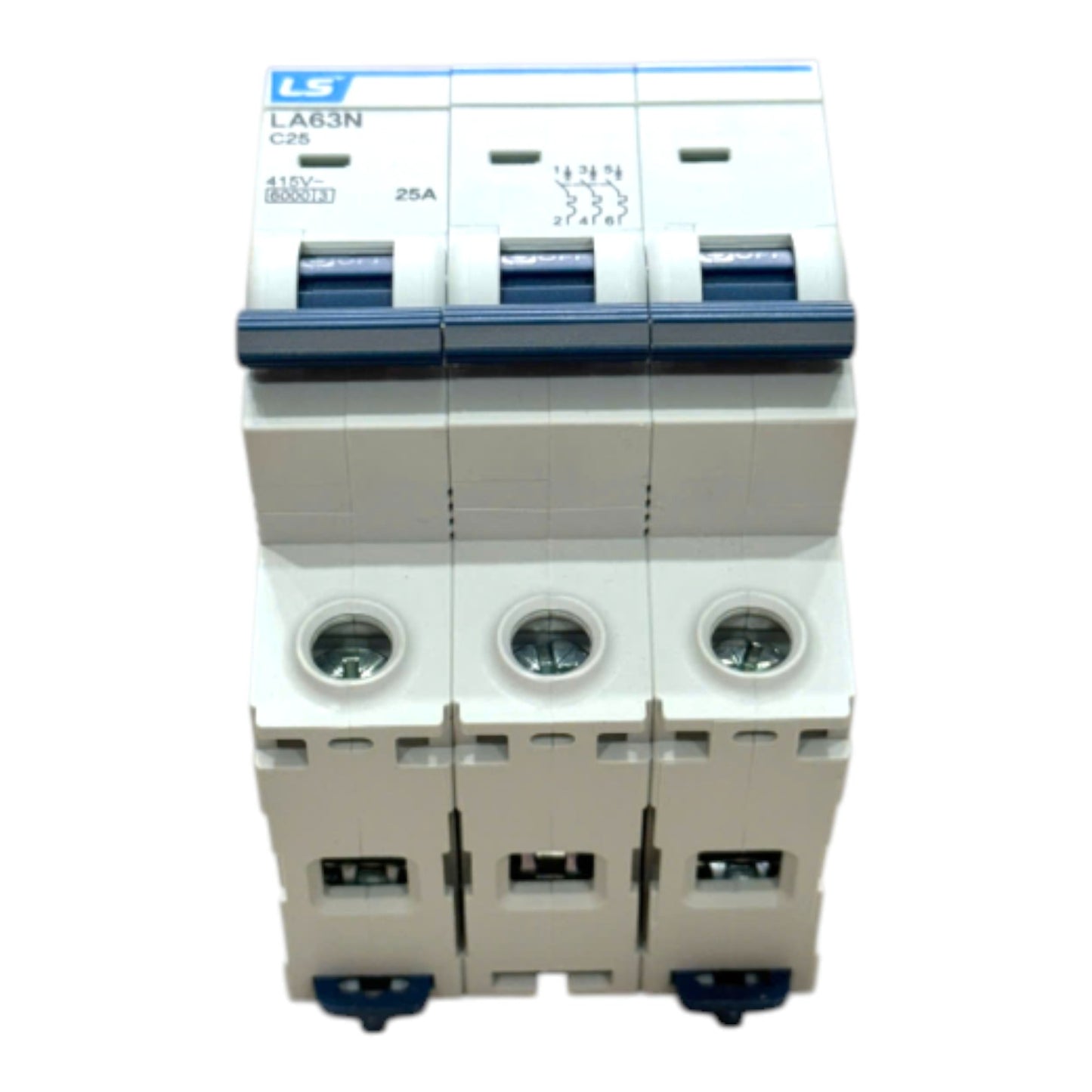 A three-pin modular circuit breaker, model LA63N C25, 25A, featuring a white plastic body with blue accents on the top switch mechanism and terminal covers.