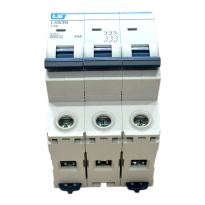 A three-pin modular circuit breaker, model LA63N C25, 25A, featuring a white plastic body with blue accents on the top switch mechanism and terminal covers.