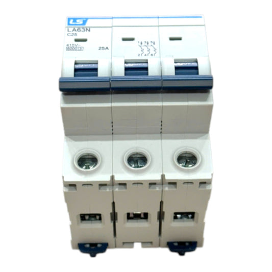 A three-pin modular circuit breaker, model LA63N C25, 25A, featuring a white plastic body with blue accents on the top switch mechanism and terminal covers.