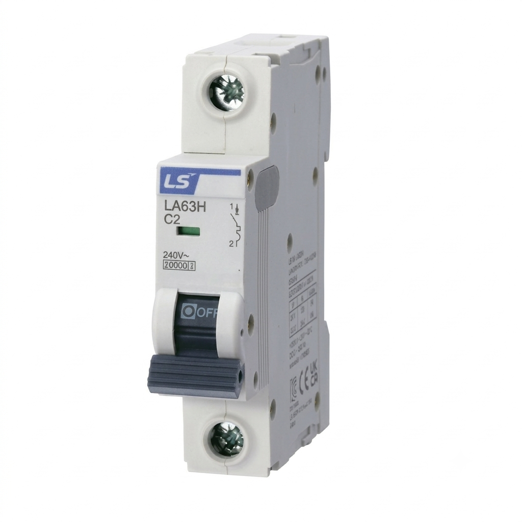 A white LS brand LA63H C2 miniature circuit breaker with a dark gray handle, shown on a plain white background.