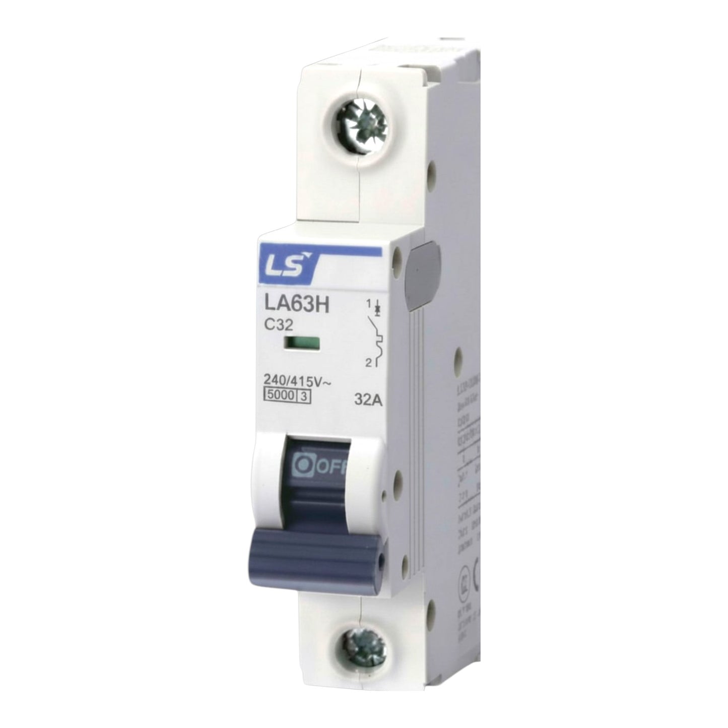 A white and blue LS brand modular circuit breaker, model LA63H C32, shown on a plain white background.