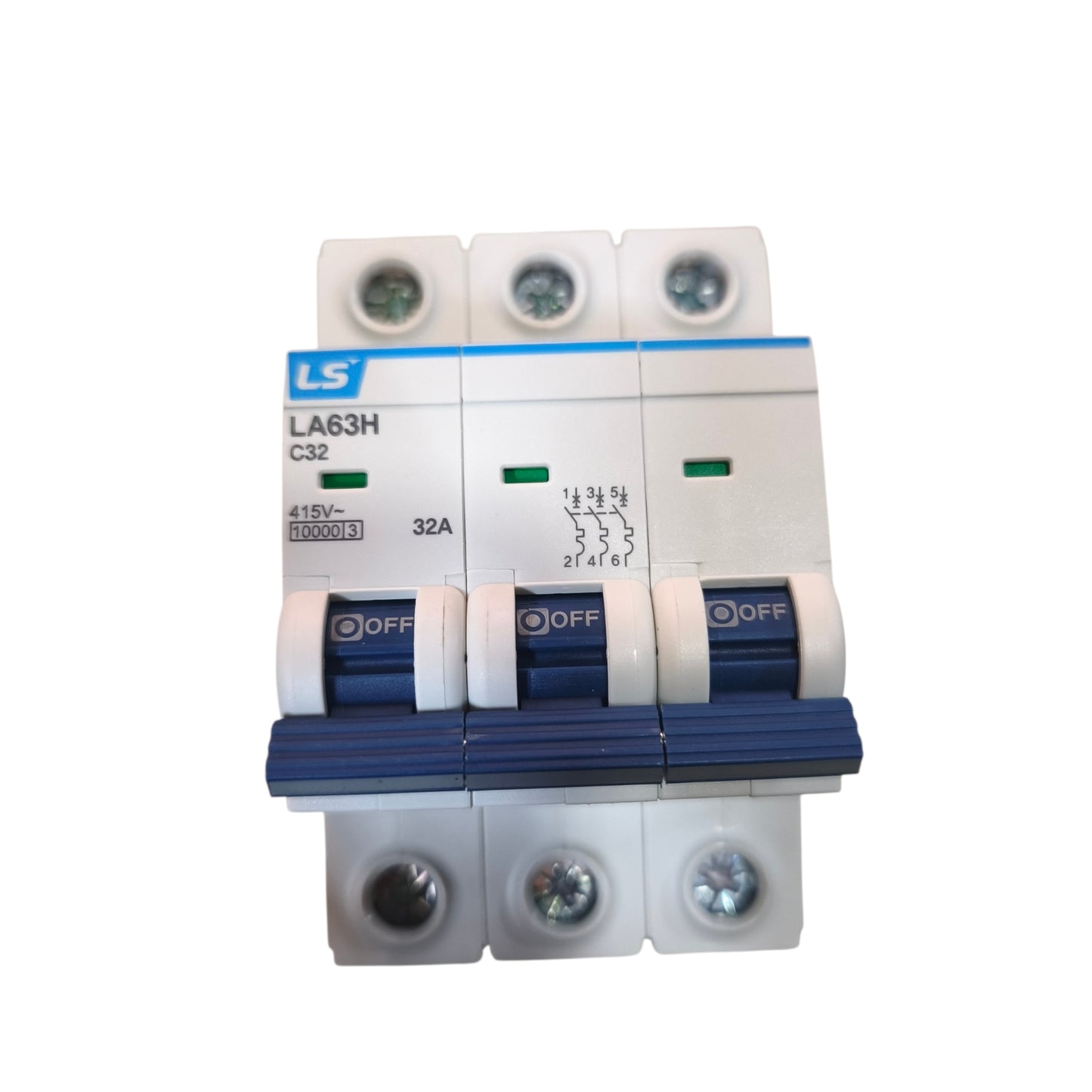 A three-way modular circuit breaker (MCB) with white plastic housing, blue switches, and a blue and white front plate. The brand 'LS' is visible on the upper left, and the model 'LA63H C32' is printed on the front.