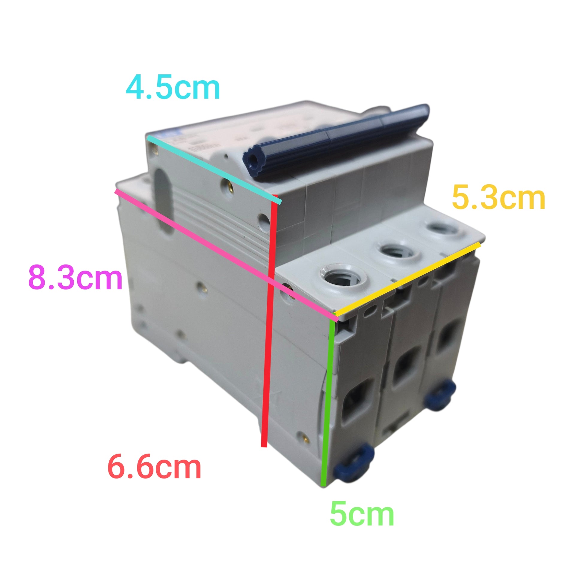 A gray electrical component shown on a white background with colored measurement lines and text labels indicating dimensions in centimeters.