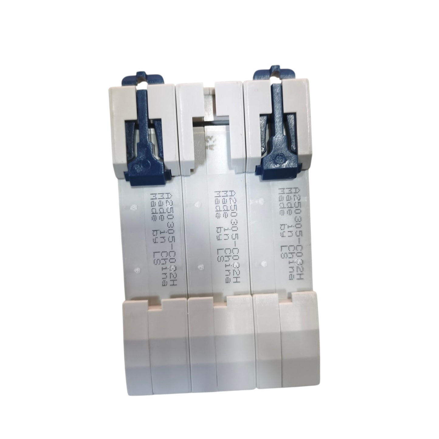 A three-pole modular circuit breaker with white plastic housing and dark blue lever handles, shown against a plain white background.