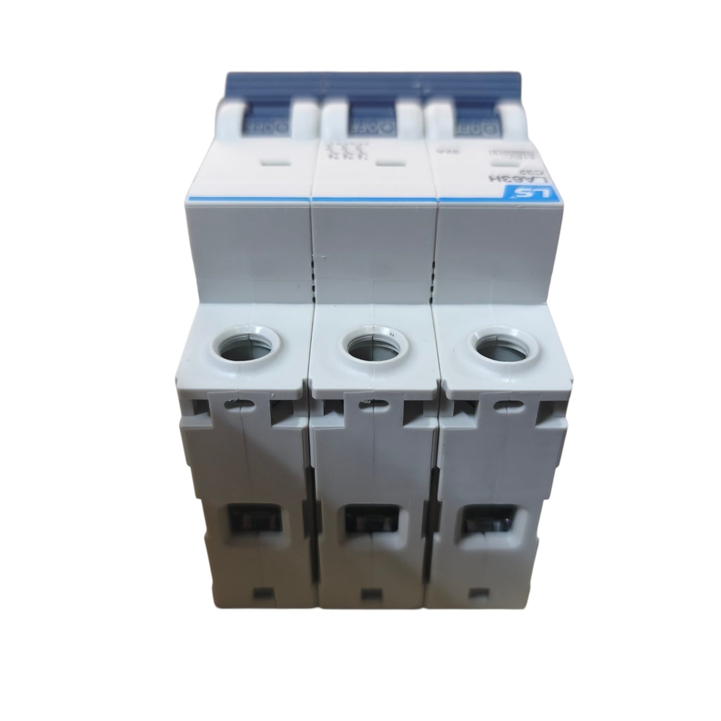 A three-pole modular circuit breaker module with white plastic housings, blue top handles, and a blue brand label, shown on a plain white background.