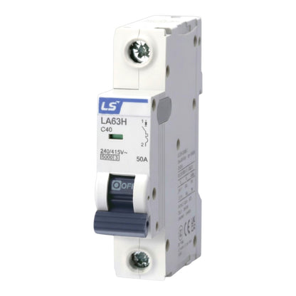 A white plastic miniature circuit breaker (MCB) with a dark blue lever switch and a blue and white 'LS' brand label on the front, set against a plain white background.