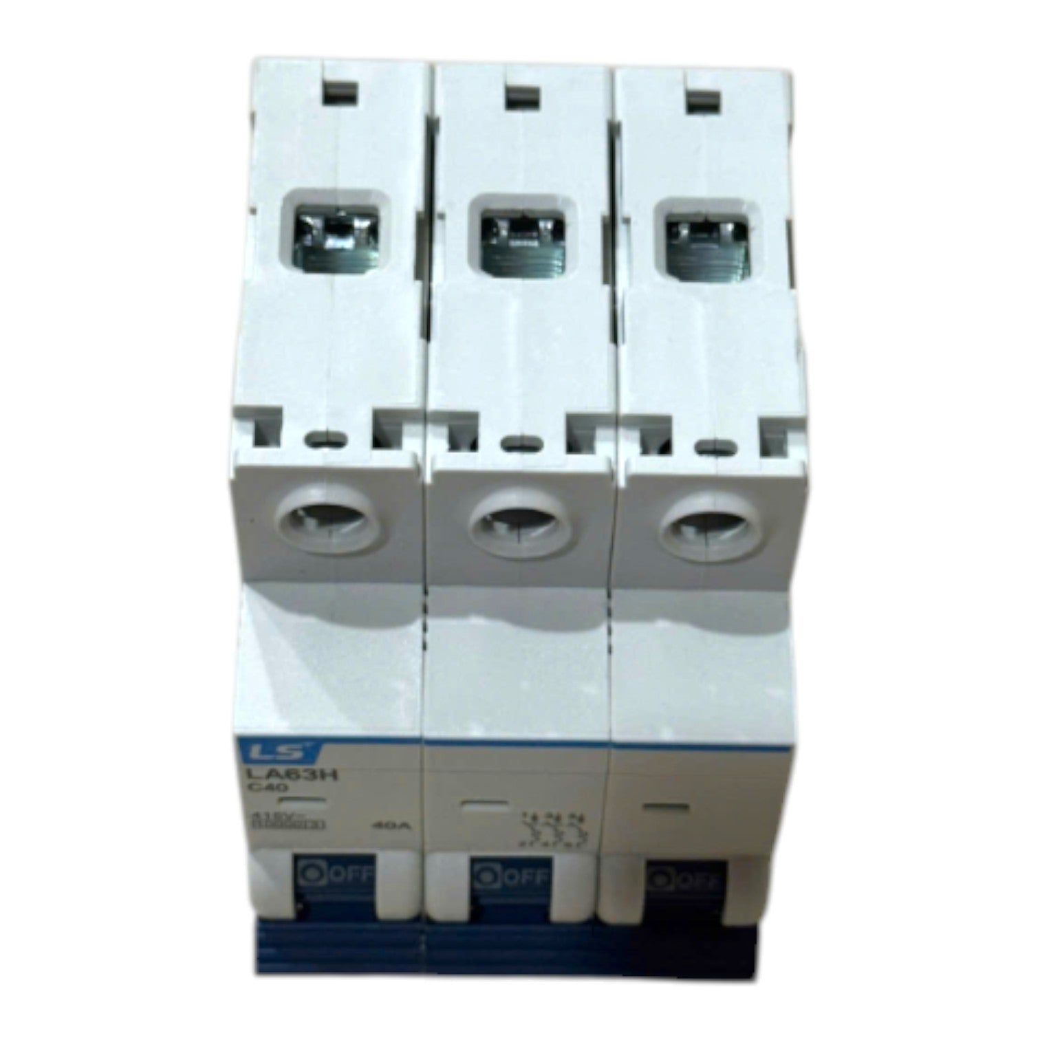 Three modular white circuit breakers stacked vertically, featuring blue accents and a blue base, photographed against a plain white background.