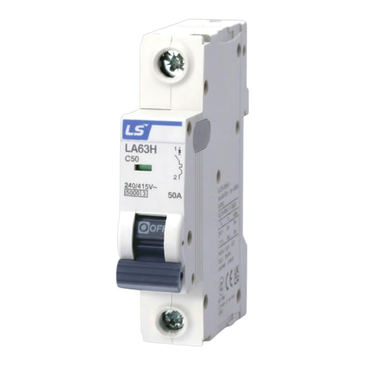A white plastic miniature circuit breaker (MCB) with a dark blue lever switch and a blue and white 'LS' brand label on the front, set against a plain white background.