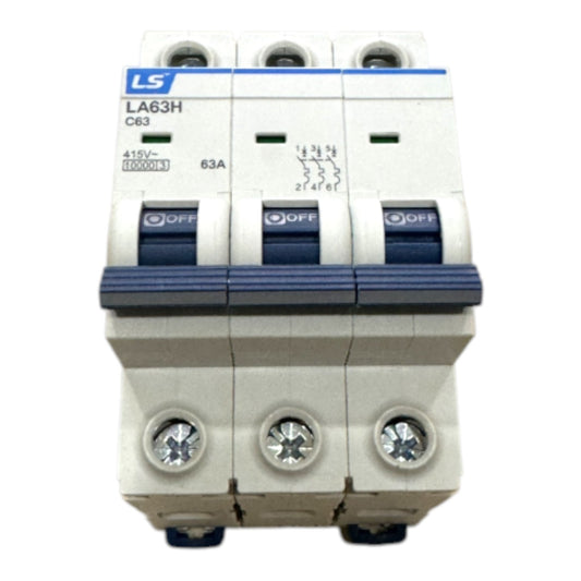 A three-way modular circuit breaker (MCB) with a white plastic body, blue switches, and a blue and white LS brand label on the top left.