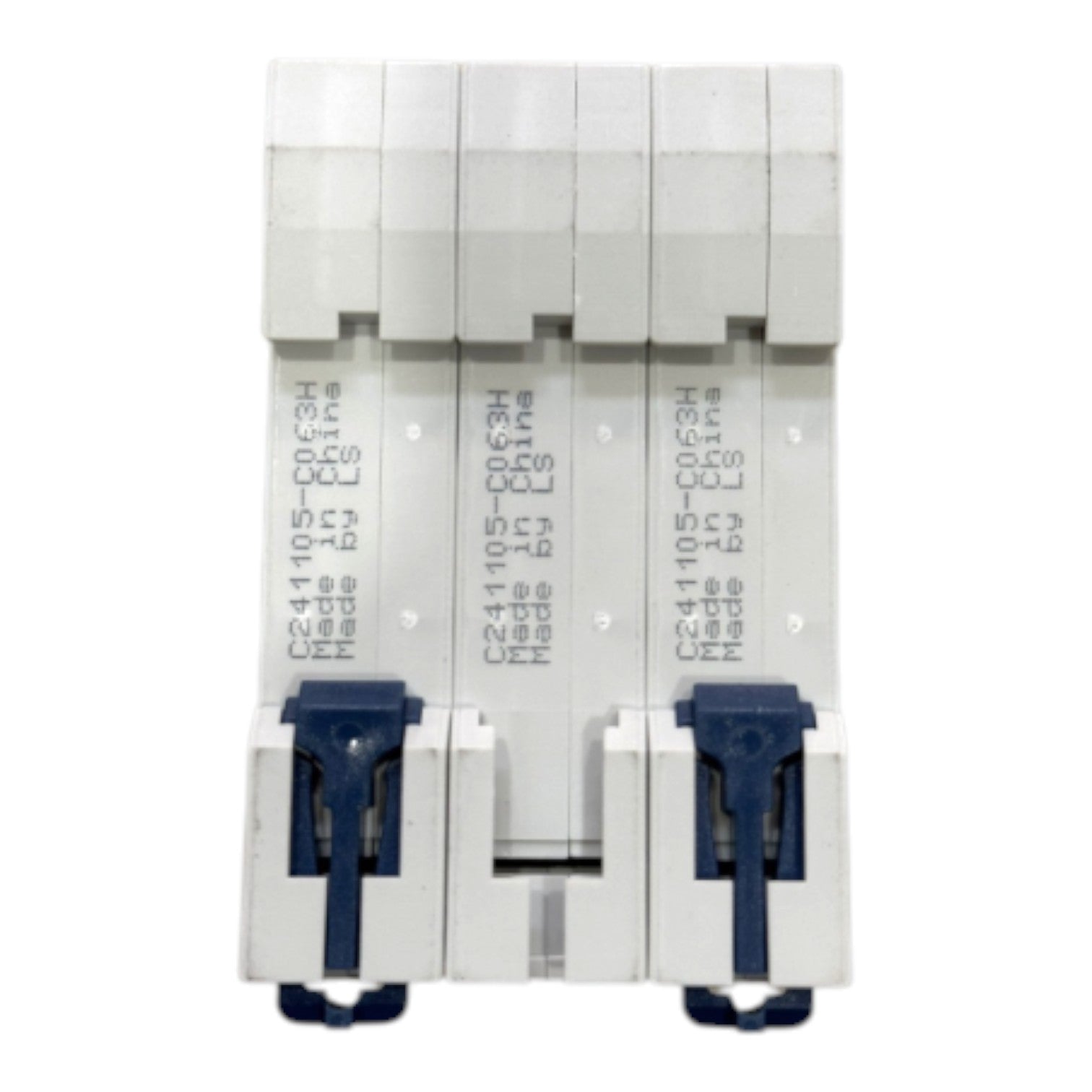 Three modular white electrical circuit breakers with blue latch handles, shown against a plain white background.