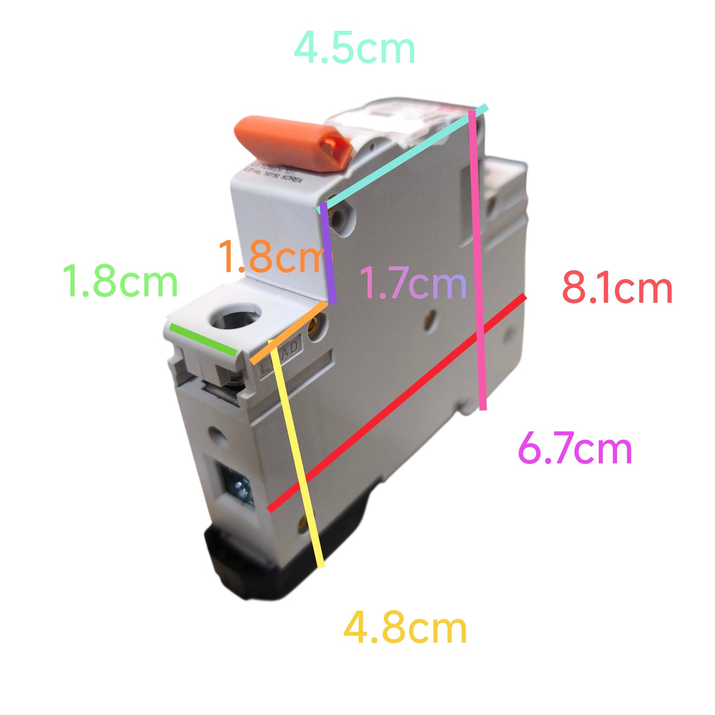 A small electrical switch component shown on a white background with colored measurement lines and text labels indicating dimensions such as 4.5cm, 1.
