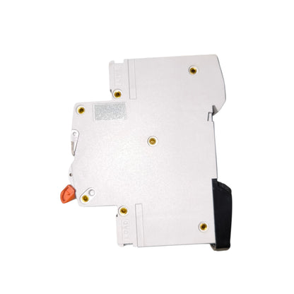 A silver metal electrical terminal block connector with gold screws, a small orange release tab, and a black plastic handle, shown on a white background.