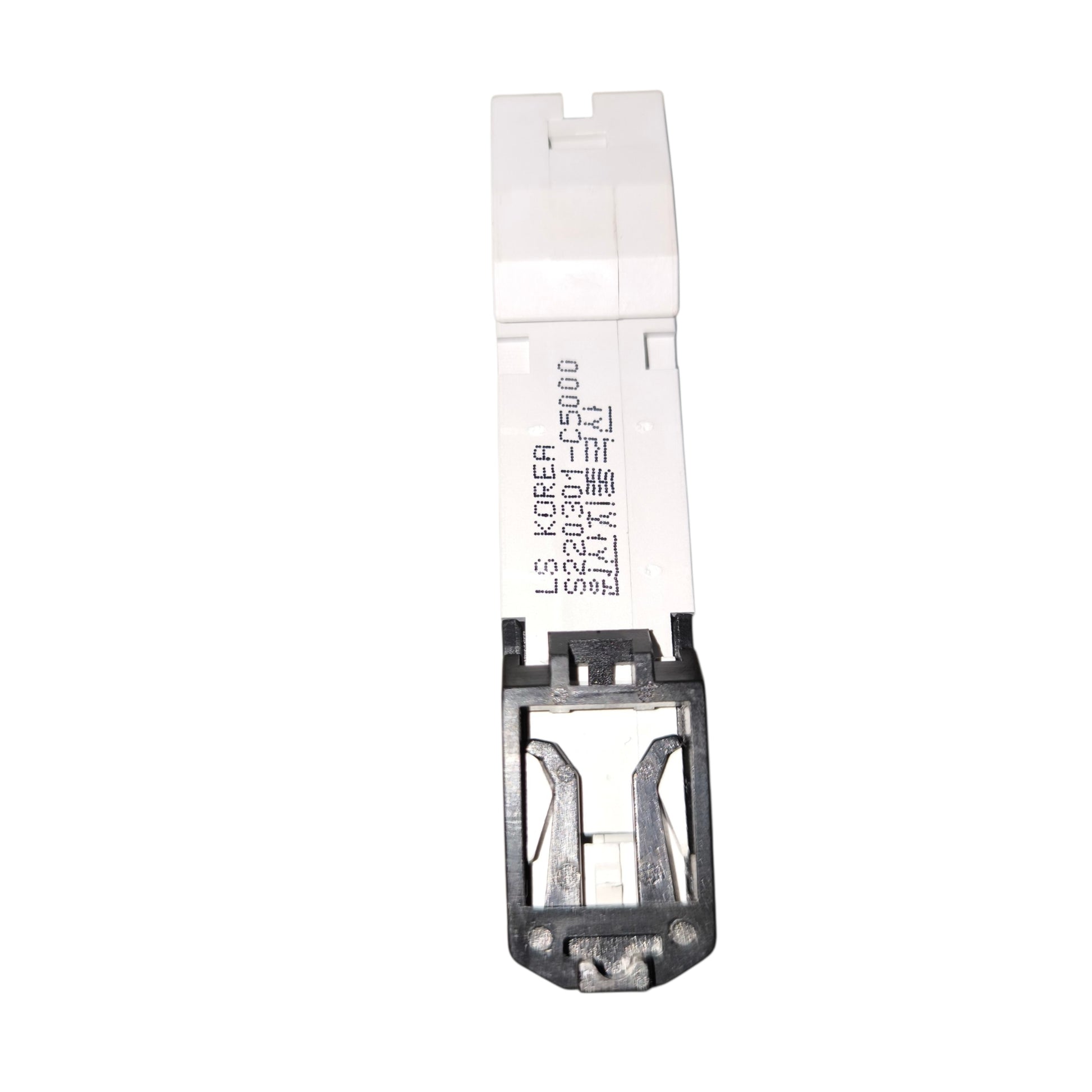 A white and black electrical component, likely a circuit breaker or terminal block, with printed specifications on its side, shown against a plain white background.