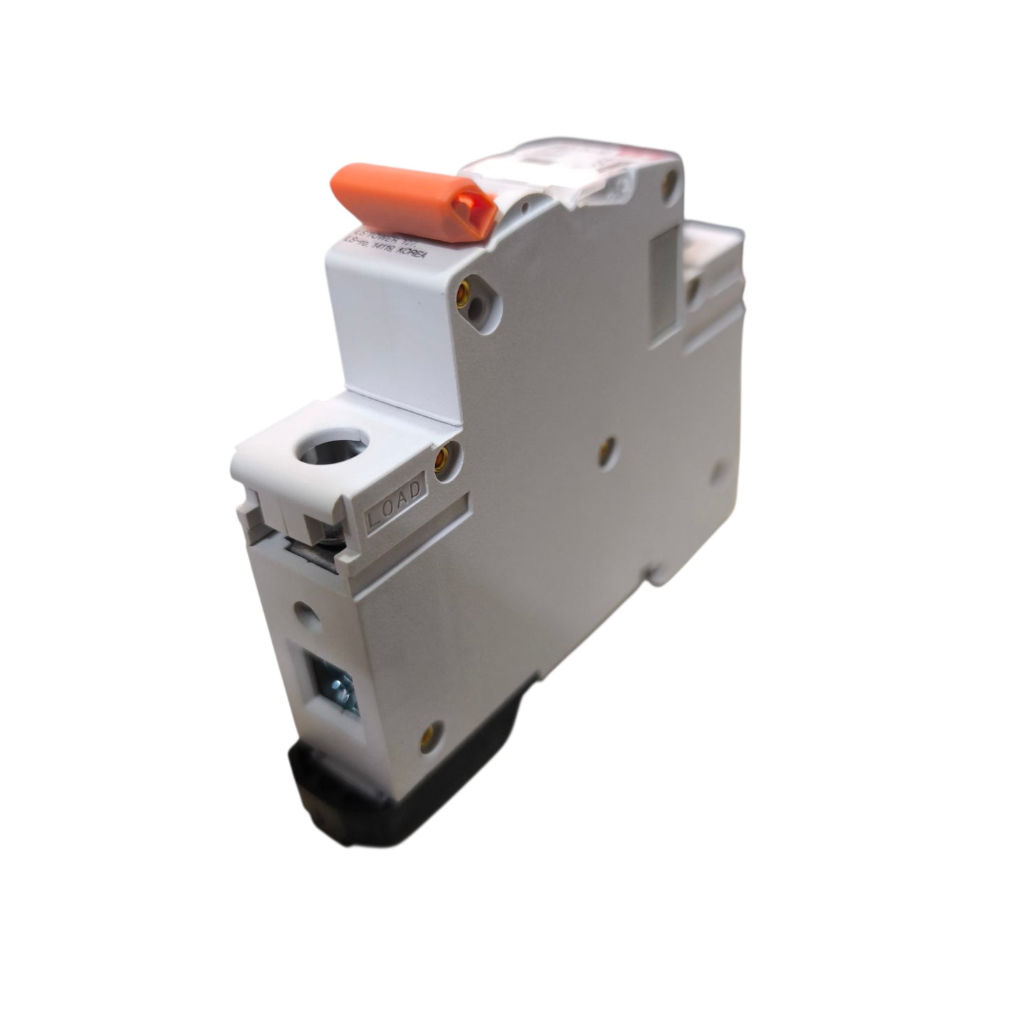 A single-phase modular electrical circuit breaker with a white plastic housing, an orange lever handle, and a black base, shown on a plain white background.