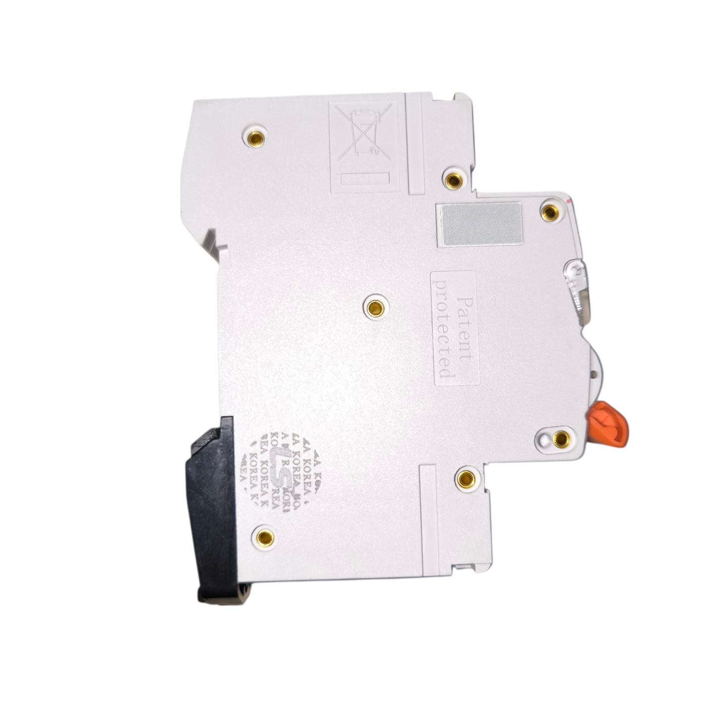 A silver metal electrical component, likely a DIN rail module or terminal block, featuring gold screw terminals, a black plastic connector on one end, and an orange switch or lever on the side.