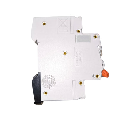 A silver metal electrical component, likely a DIN rail module or terminal block, featuring gold screw terminals, a black plastic connector on one end, and an orange switch or lever on the side.