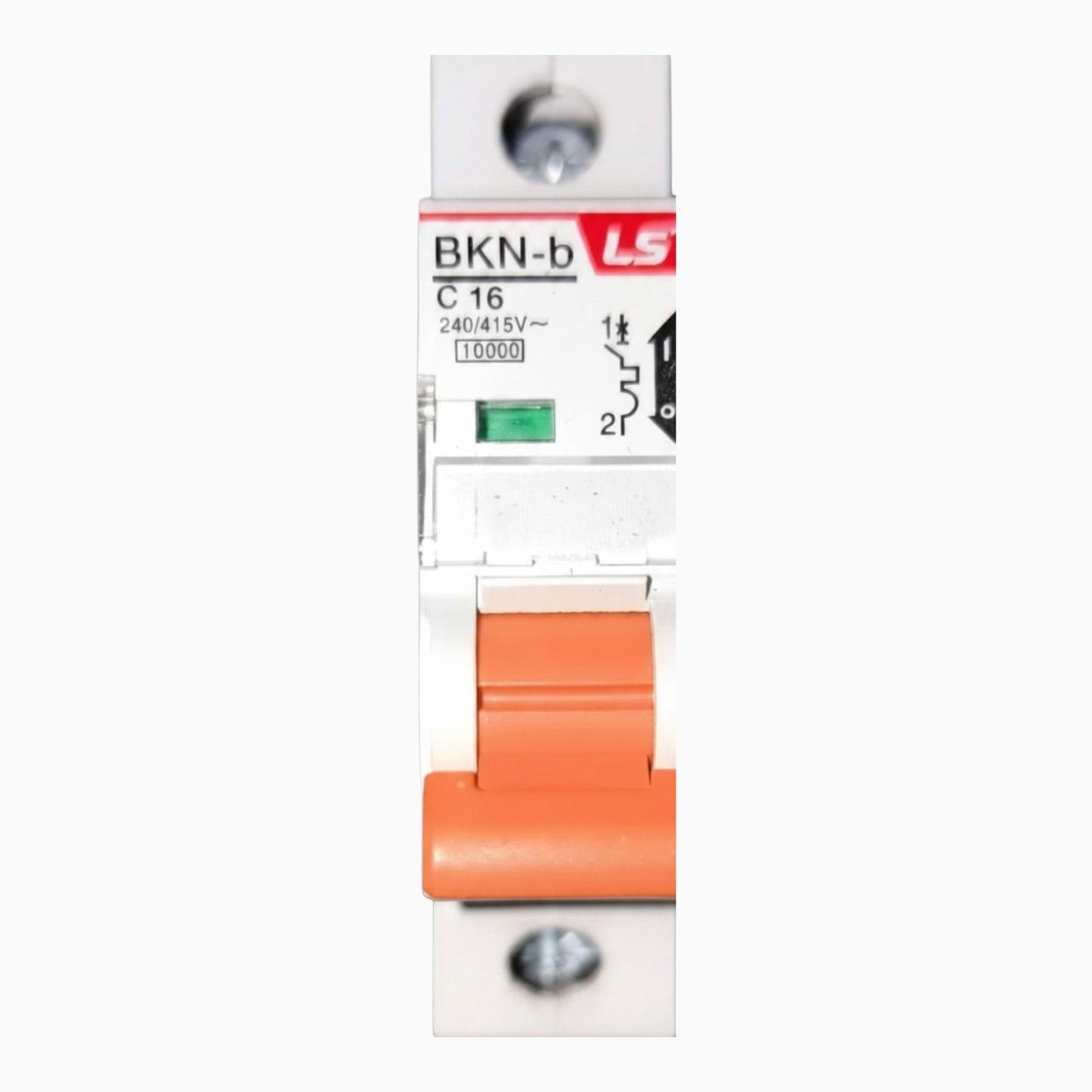 A single-pole circuit breaker with a white plastic housing, an orange lever handle, and a red and white LS BKN-b label, shown against a plain white background.
