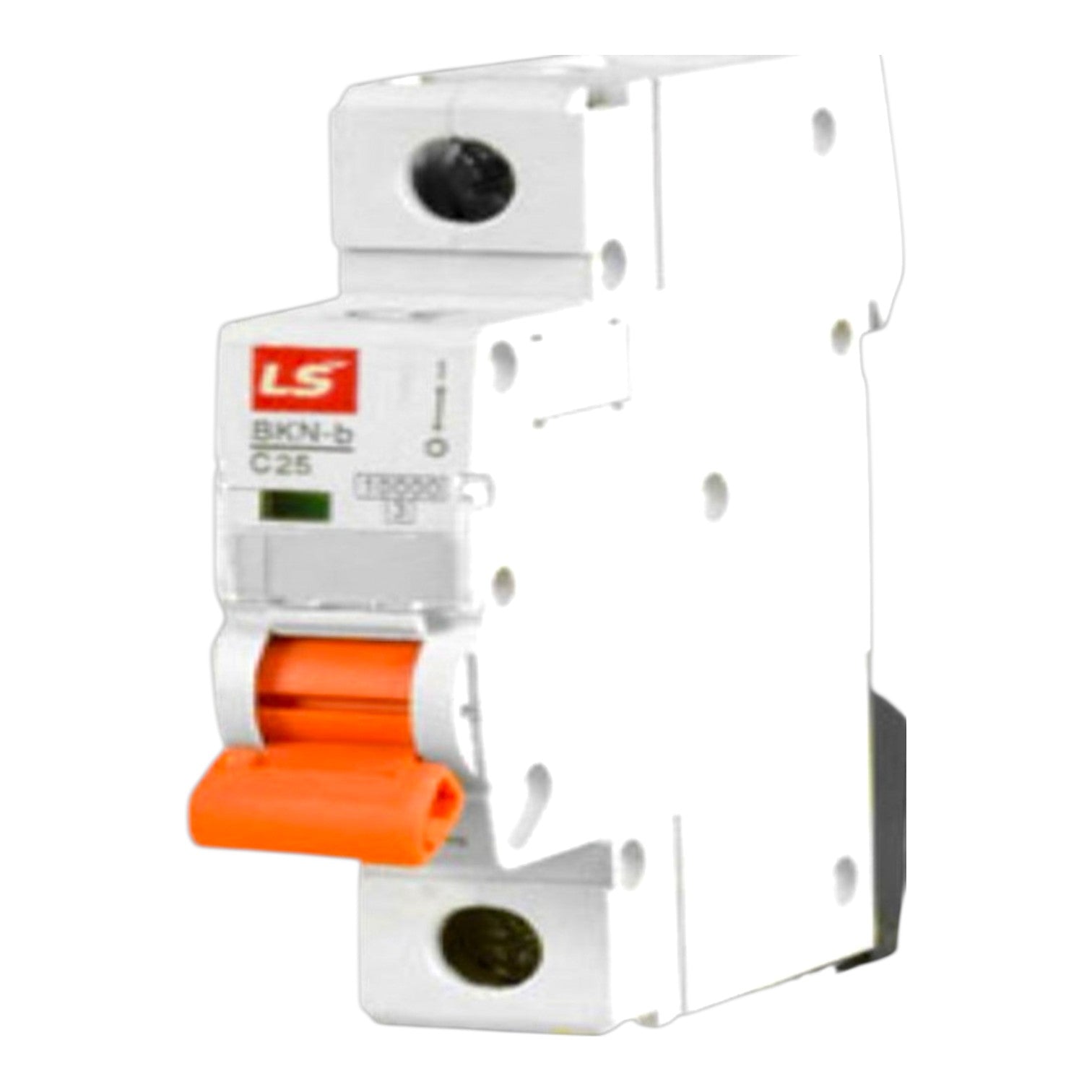 A white plastic BSBN-b C25 circuit breaker with an orange lever handle and a red LS logo on the front, isolated on a white background.