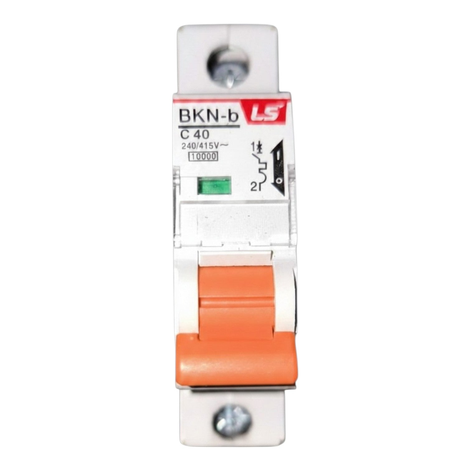 A BS 343 BKN-b single pole circuit breaker with a white plastic housing, orange handle, and red and white LS brand label, shown on a plain white background.