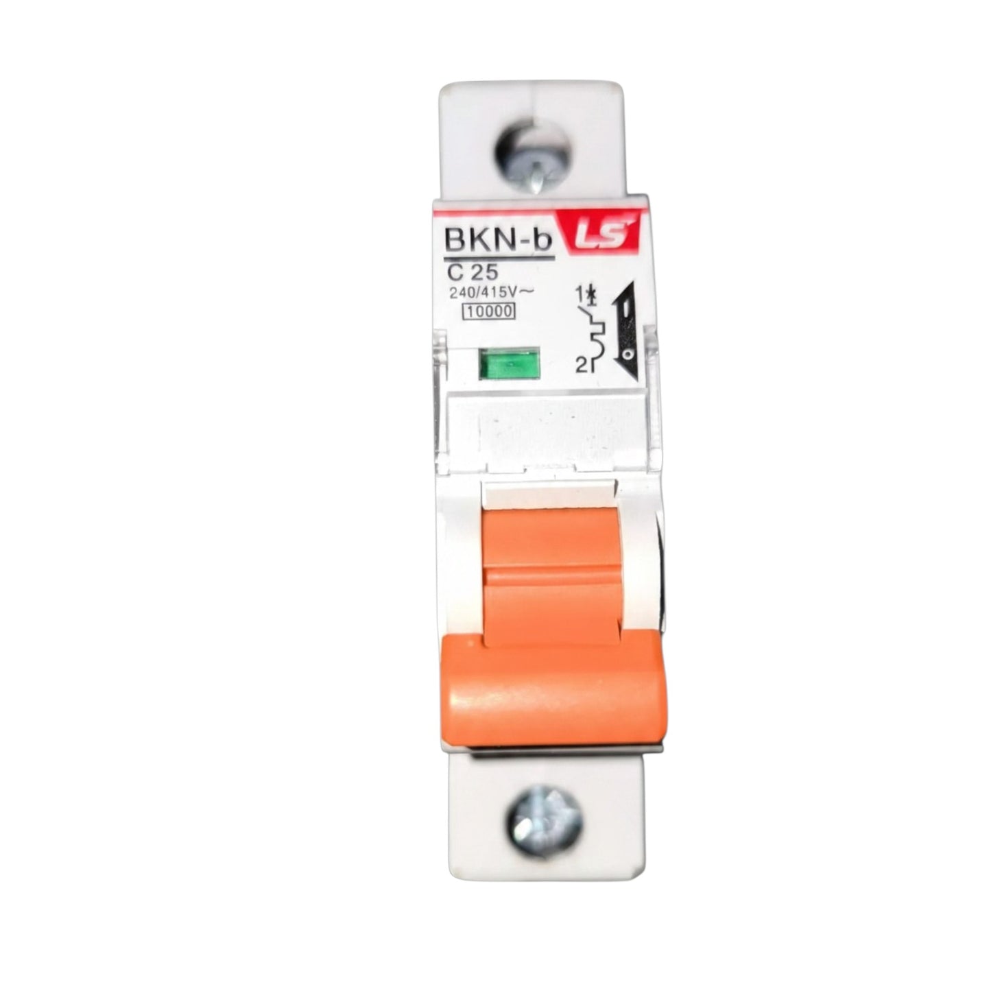 A single-pole circuit breaker with a white plastic housing, an orange handle, and a clear front cover showing the BKN-b LS specification label.