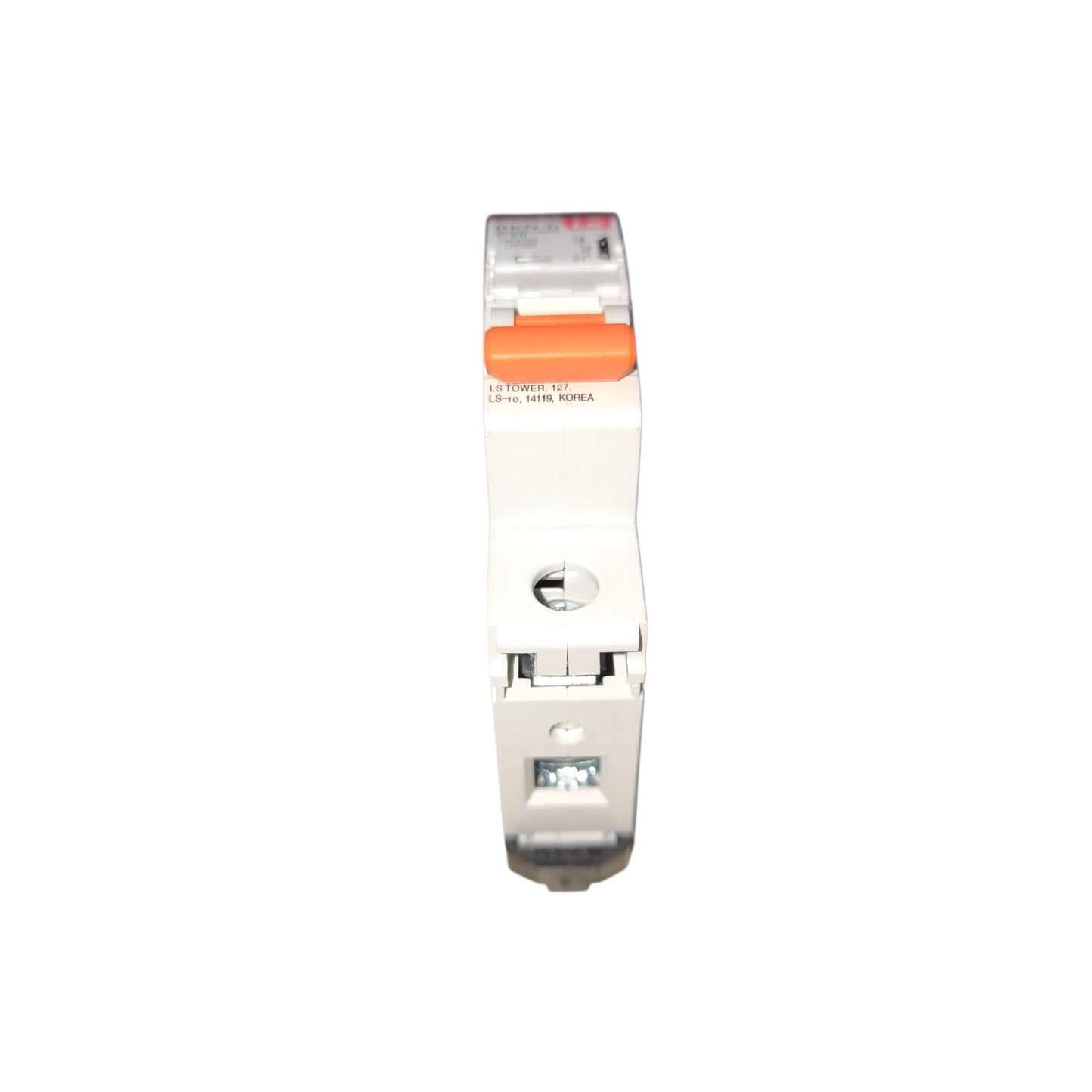 A single modular electrical circuit breaker with a white plastic body, an orange handle, and a clear protective cover on top, shown against a plain white background.