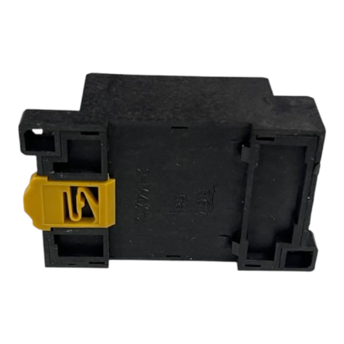 A black plastic electrical relay component with a yellow connector cover, shown against a plain white background.