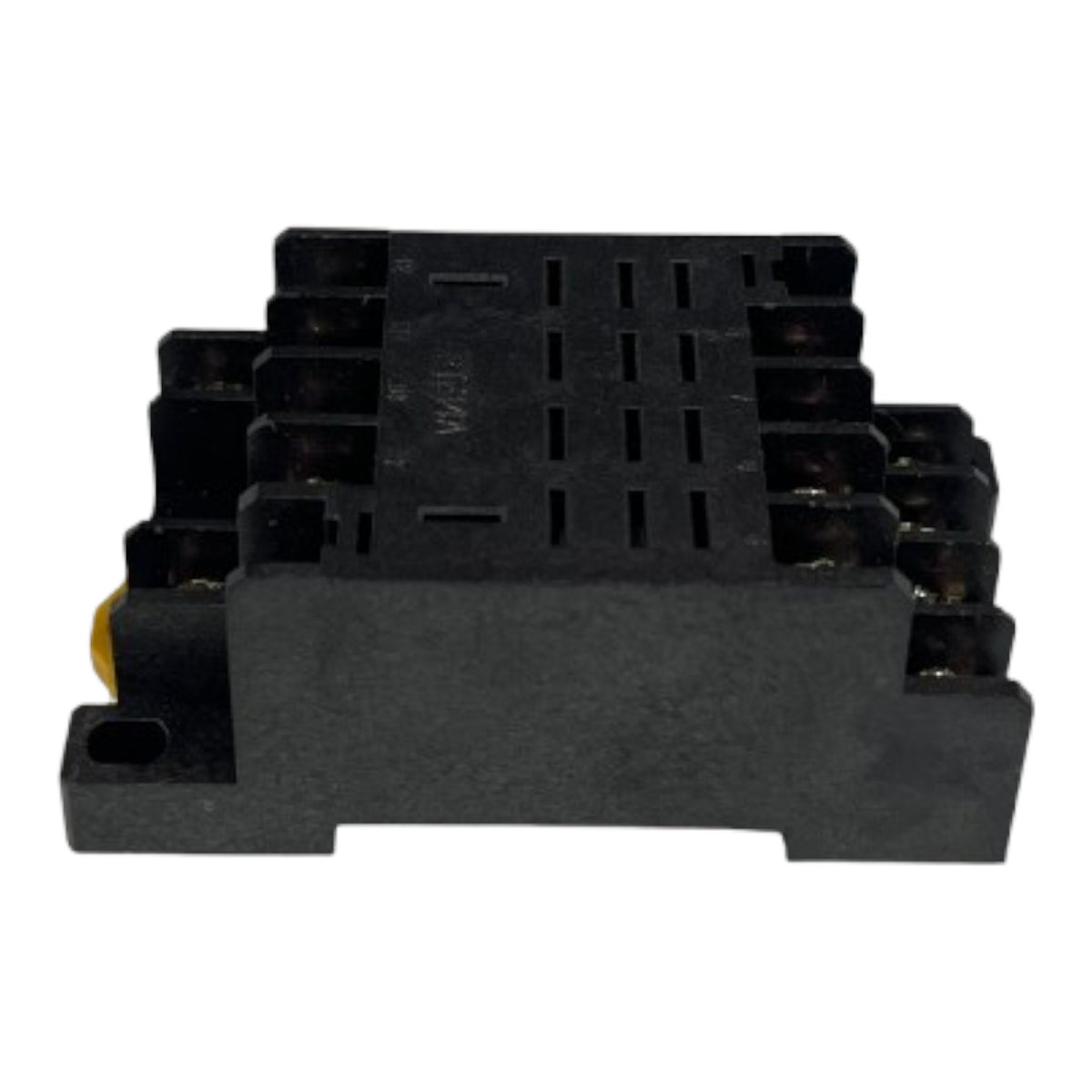 A black plastic electrical terminal block or relay component with multiple screw terminals, shown on a plain white background.