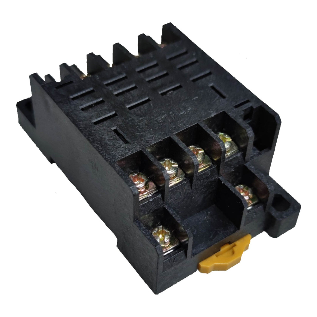 A black plastic electrical terminal block with three metal screw terminals and a small yellow plastic tab, shown on a plain white background.