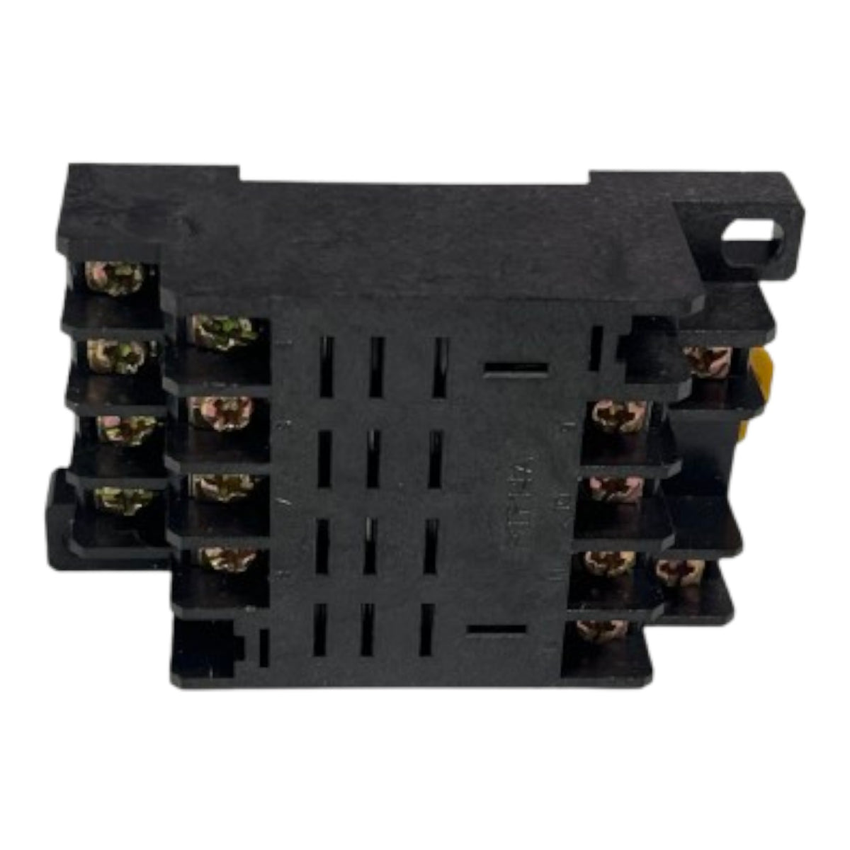A black plastic electrical terminal block with multiple screw terminals on a white background.