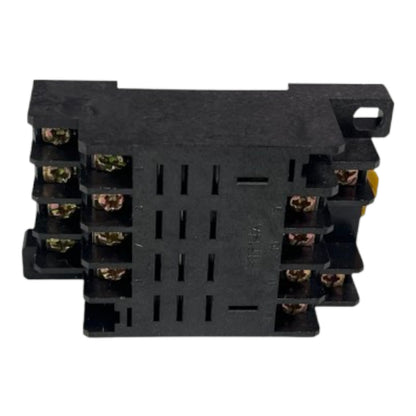 A black plastic electrical terminal block with multiple screw terminals on a white background.