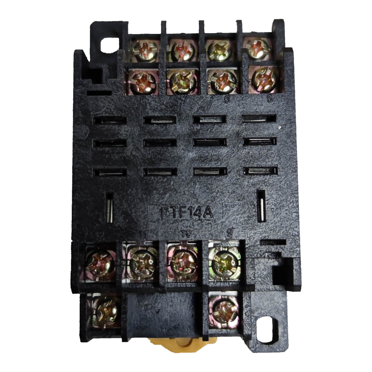 A black plastic electrical contactor or relay component with multiple screw terminals, some showing copper-colored metal contacts, on a plain white background.