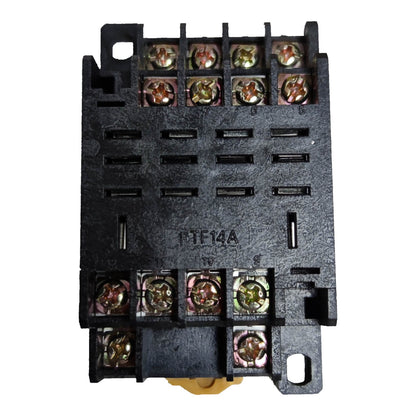 A black plastic electrical contactor or relay component with multiple screw terminals, some showing copper-colored metal contacts, on a plain white background.
