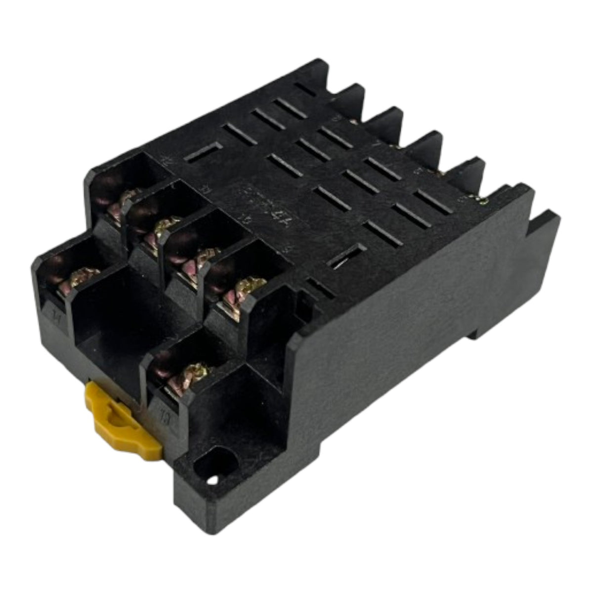 A black plastic electronic relay module with a yellow plastic toggle switch on the front, photographed on a solid white background.
