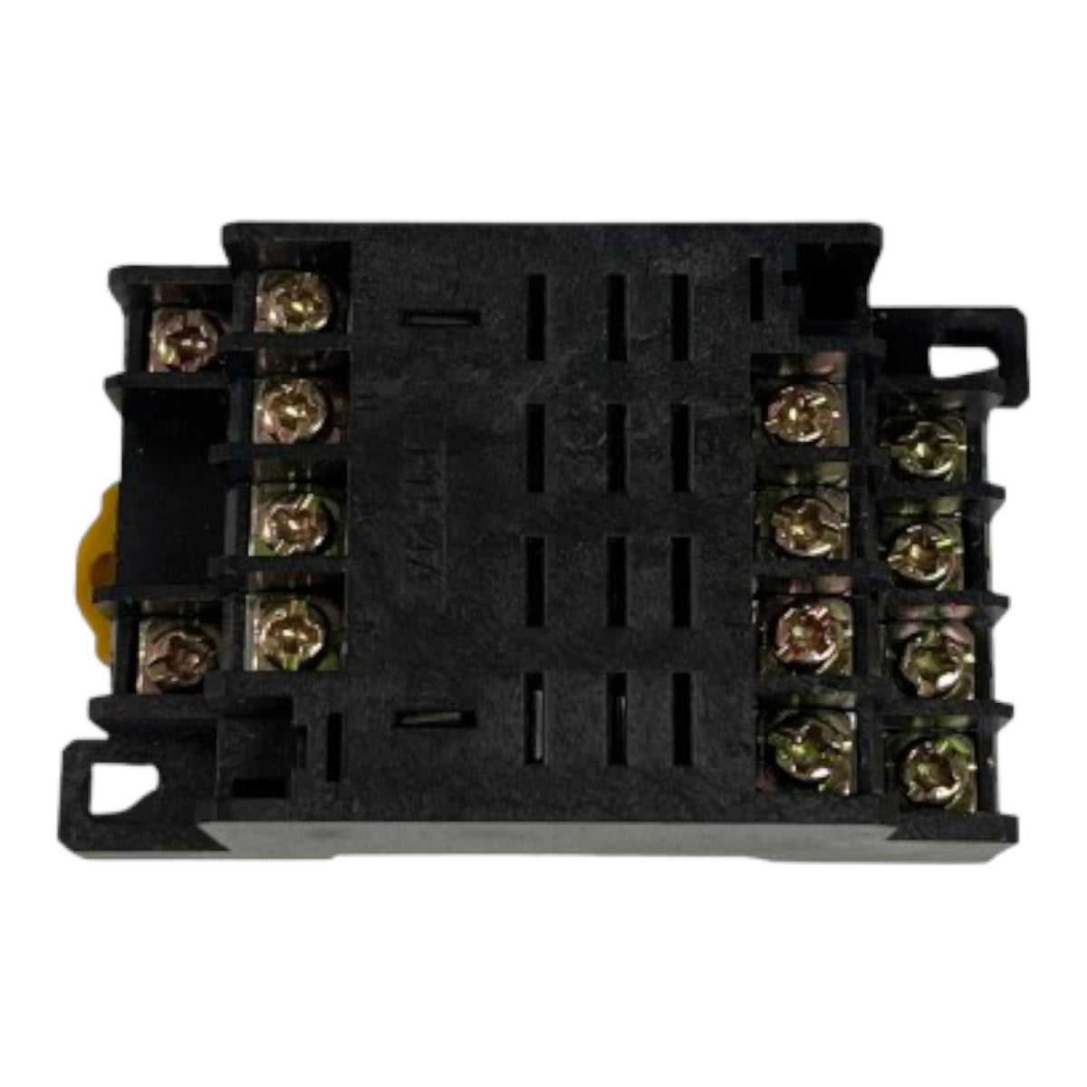 A black plastic electrical terminal block with multiple screw terminals, shown on a plain white background.