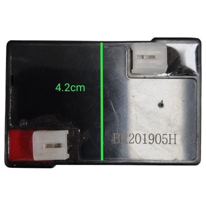 Close-up of a small electronic device with visible branding and measurements on a white background