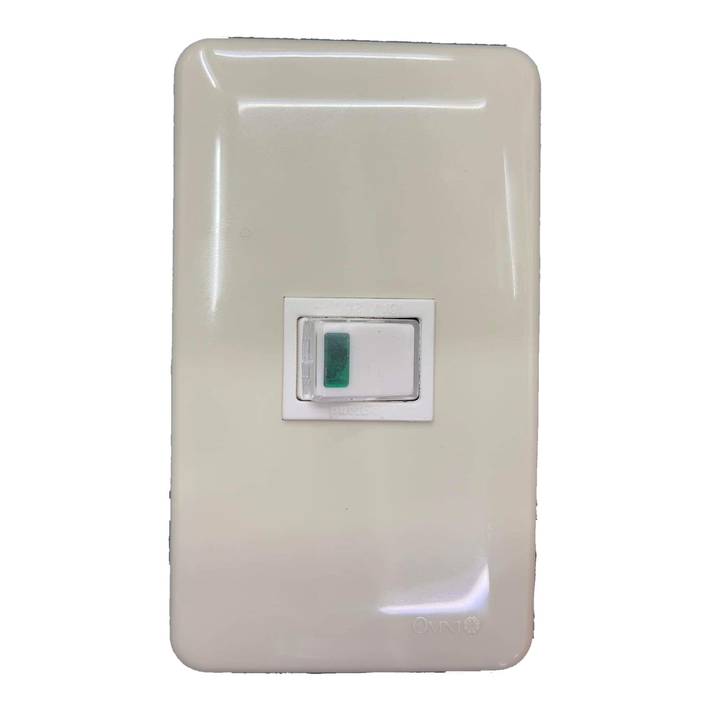 Beige light switch panel with a single green indicator light on a white background