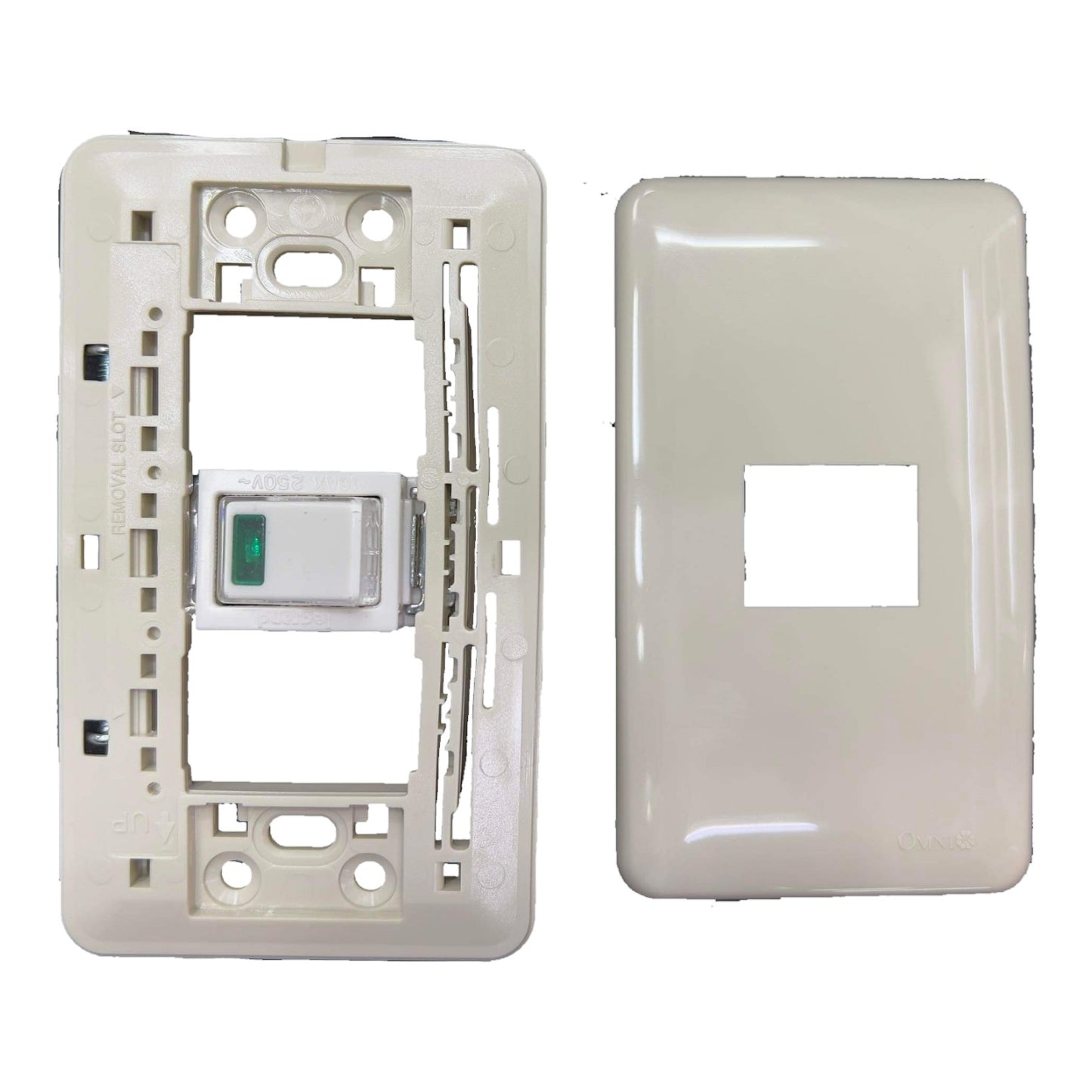 White plastic switch and socket cover on a white background