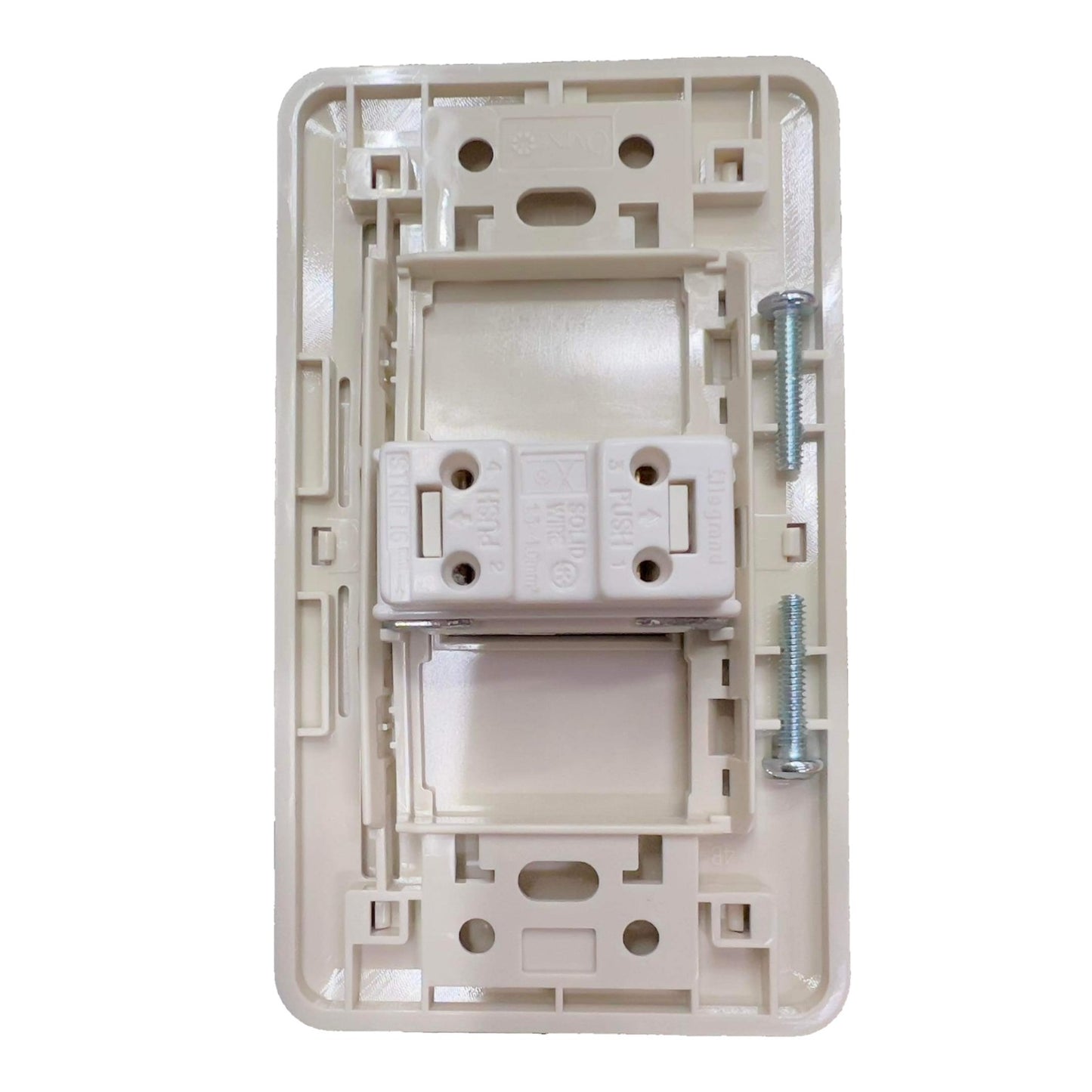 Beige plastic wall plate with screws on a white background