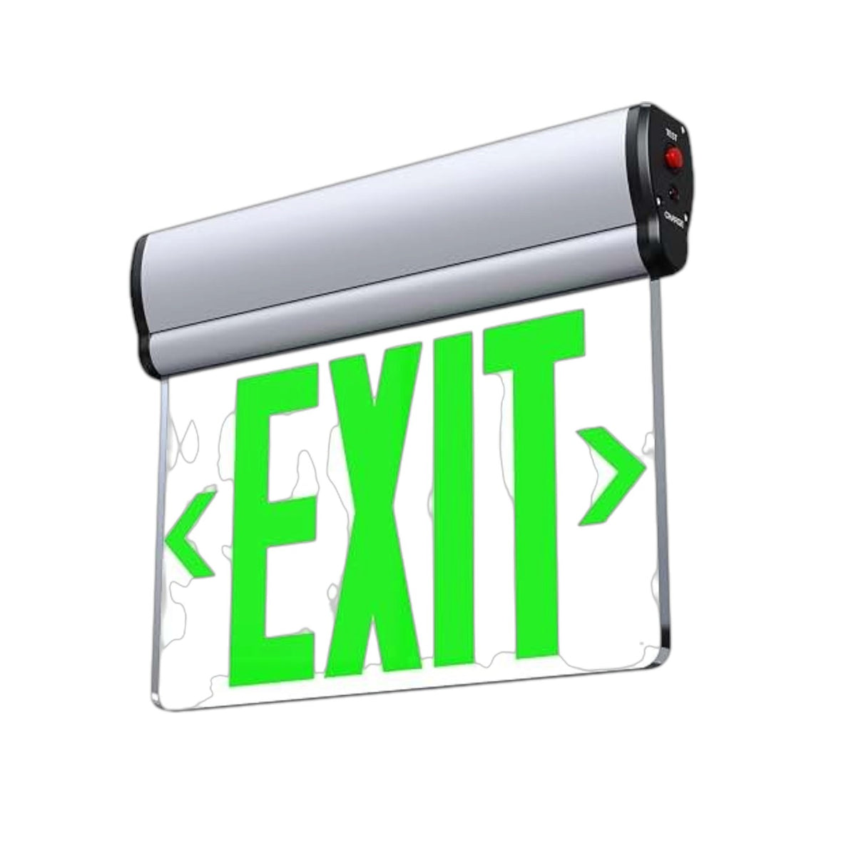 An illuminated emergency exit sign with a silver roller housing and a white panel displaying bright green '<EXIT>>' text on a plain white background.