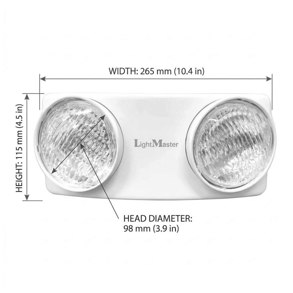 A white dual-head light fixture with dimension annotations showing width, height, and head diameter on a plain white background.