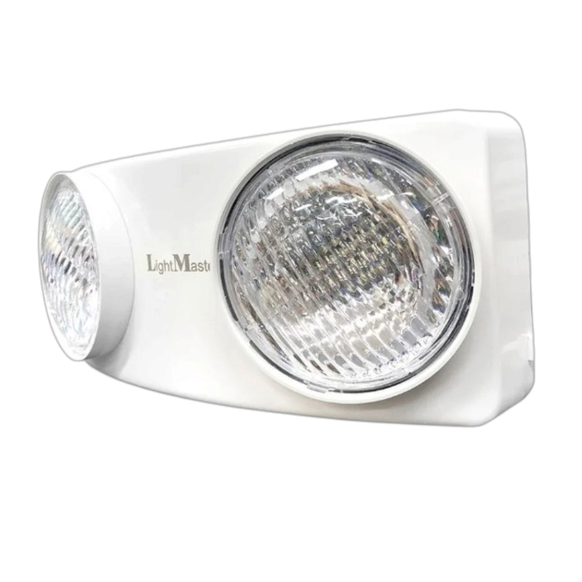 A white LightMast dual-head emergency exit wall light with two clear lenses, shown on a solid white background.