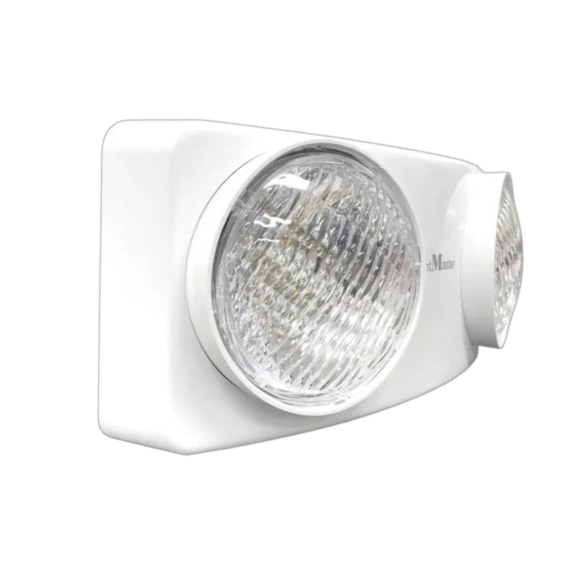 A white dual-head emergency exit wall light with a large round primary lamp and a smaller side lamp, shown on a plain white background.